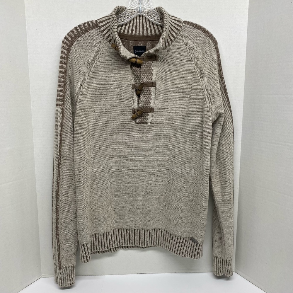 J B Holt Mens Toggle Brown Sweater Size M Mock Neck Ribbed Trim Open Weave